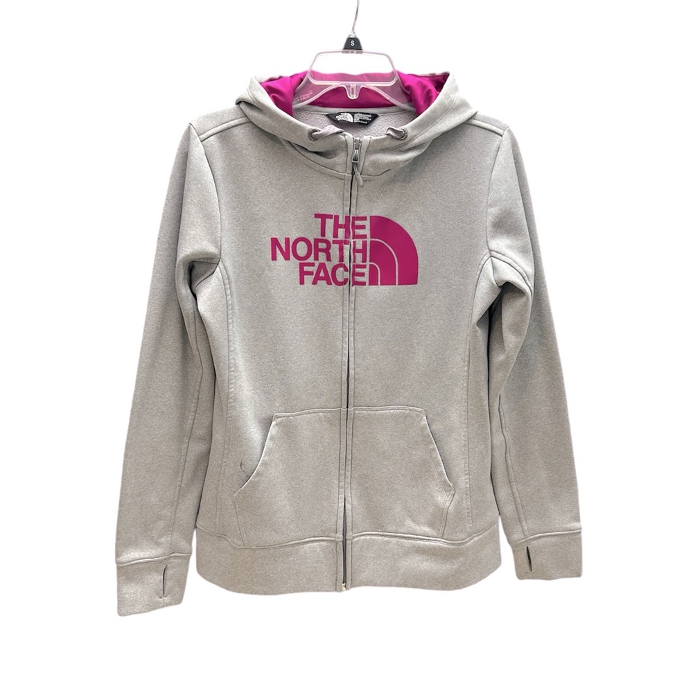 The North Face Grey and Pink Zip Up Hoodie Sweatshirt.  Size M